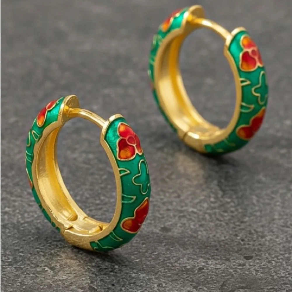 Green Floral Huggies Earrings (9016)